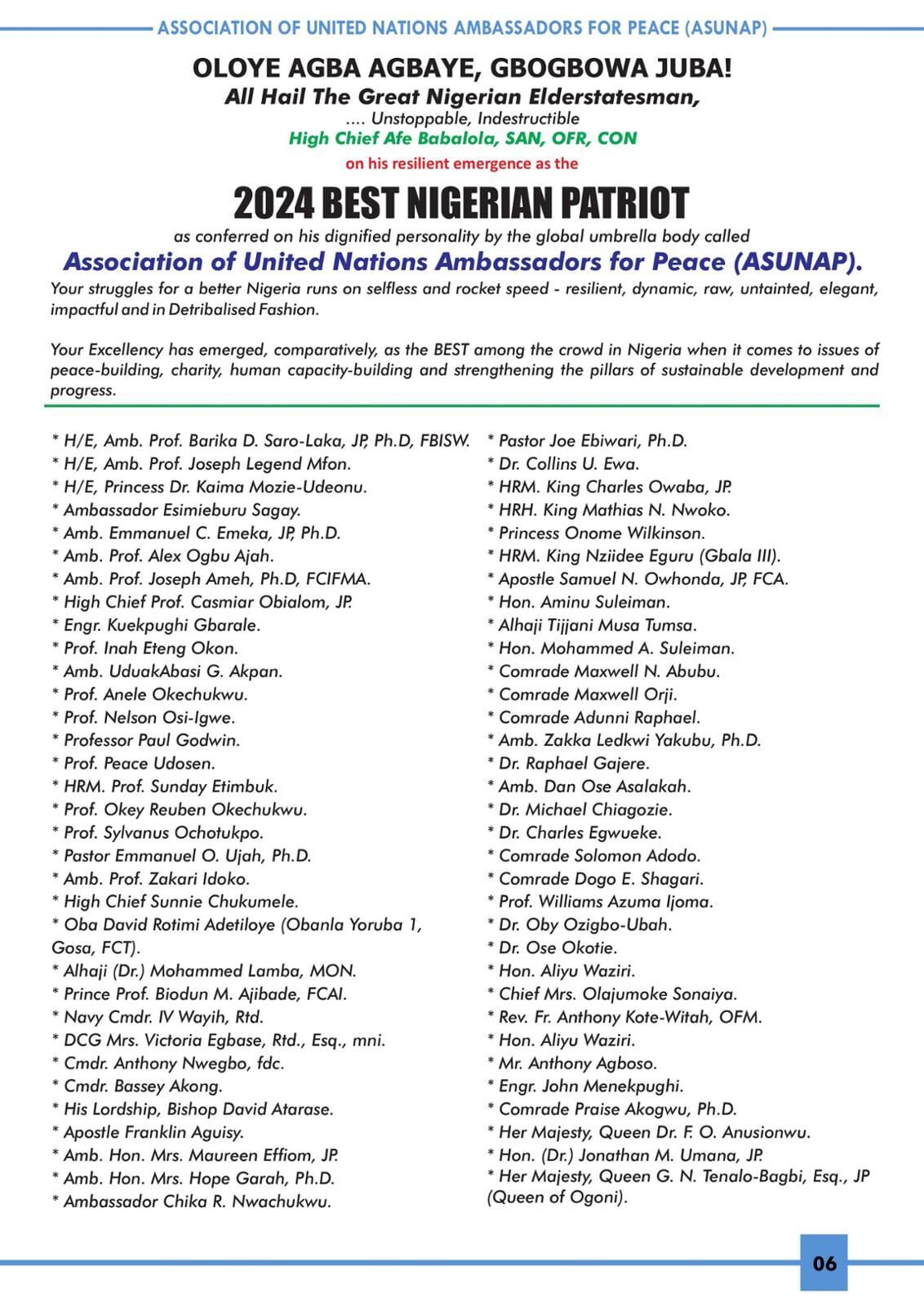 ASSOCIATION OF UNITED NATIONS AMBASSADORS FOR PEACE (ASUNAP)