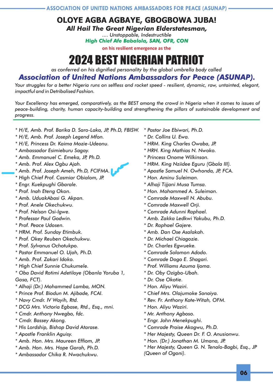 ASSOCIATION OF UNITED NATIONS AMBASSADORS FOR PEACE (ASUNAP)
